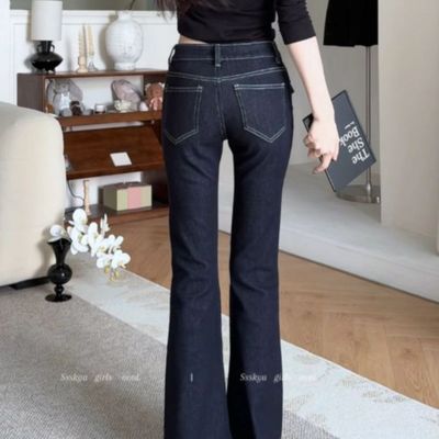 美式丹宁色撞色线装饰牛仔裤女秋冬新款弹力修身显瘦百搭微喇叭裤