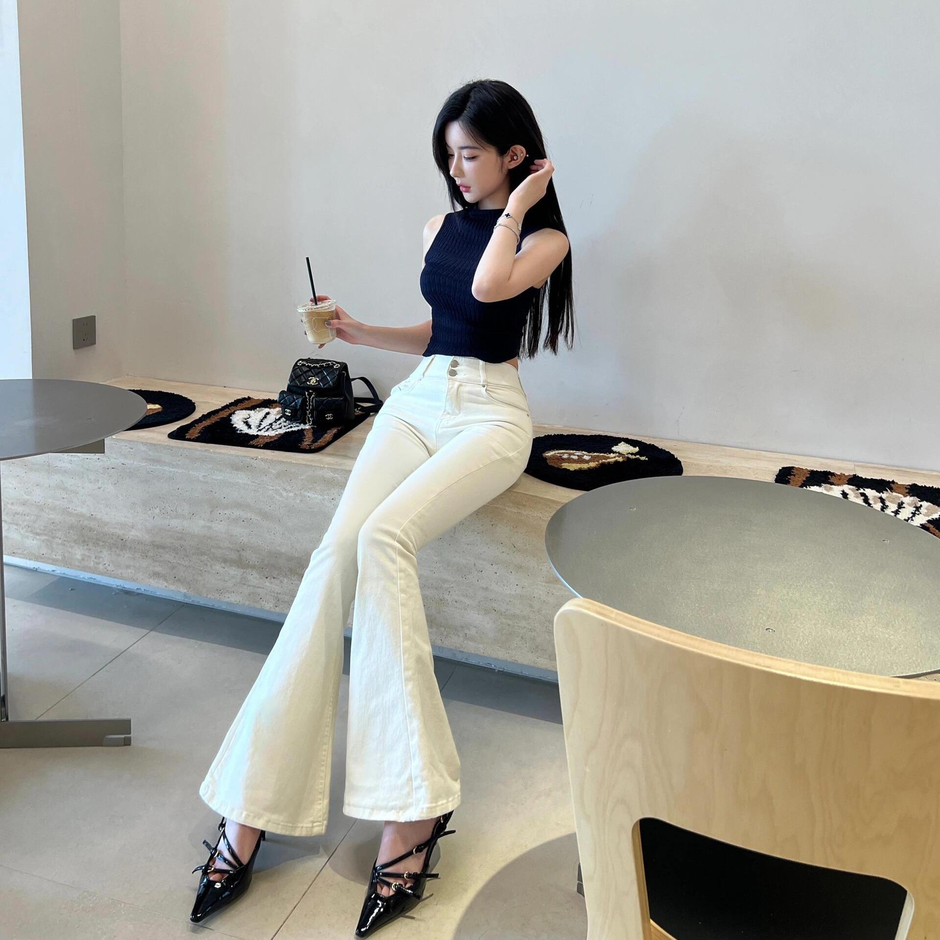 白色丰胯牛仔裤女微喇长裤修身显瘦韩系掐腰高腰弹力美胯裤子图片