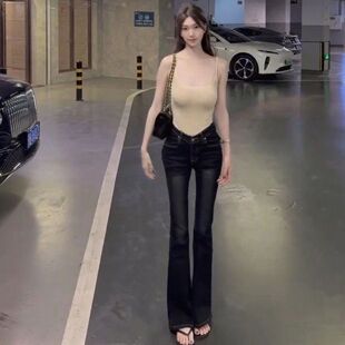 辣妹弹力V腰丰胯显瘦牛仔喇叭裤韩版显腰臀比气质百搭必入神裤女