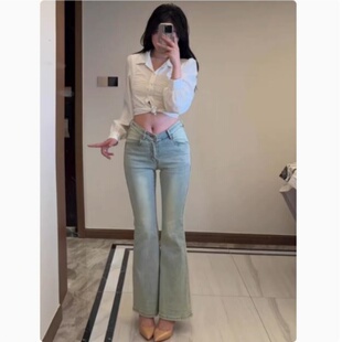 致命V腰神裤~浅蓝色丰胯牛仔裤高腰弹力修身显瘦包臀微喇叭长裤女
