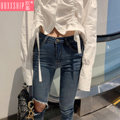韩版 显瘦弹力铅笔裤 网红牛仔裤 九分裤 女潮 破洞浅色修身 2025春秋装