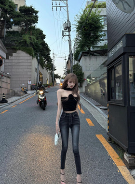 韩国新款gus*e黑灰色水洗磨白小脚裤百搭高腰修身弹力铅笔九分裤