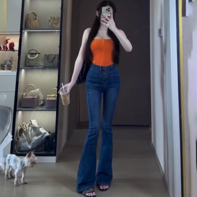 春秋新款深蓝色微喇叭牛仔裤女高腰修身辣妹百搭紧身弹力微喇长裤