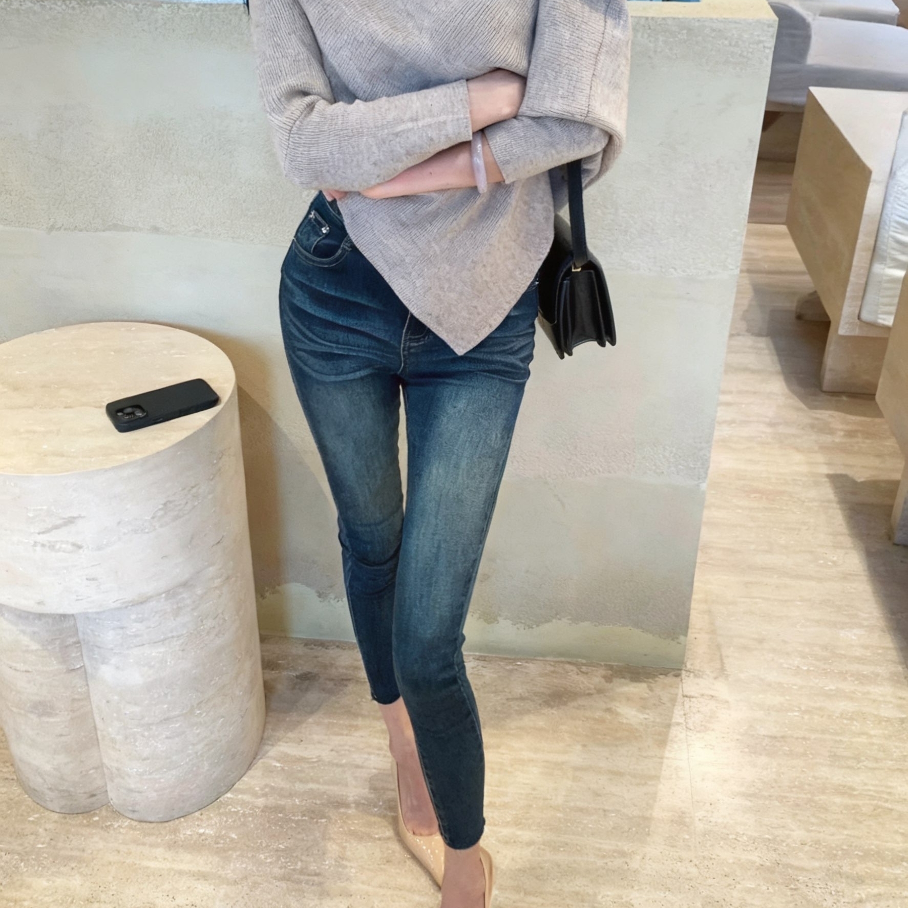 【美腿实录】复古磨白水洗蓝九分小脚牛仔裤女修身弹力显瘦铅笔裤