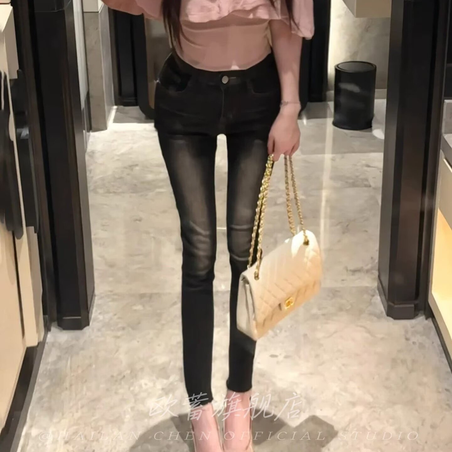 韩版辣妹风九分牛仔裤女紧身提臀磨白显瘦丰胯裤子百搭修容铅笔裤图片