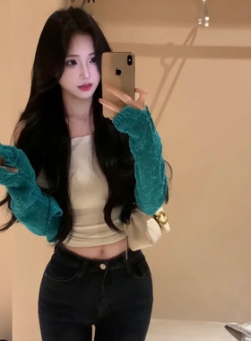 当代韩女穿搭小外套绿色短款针织开衫女空调衫显白镂空肌理感上衣