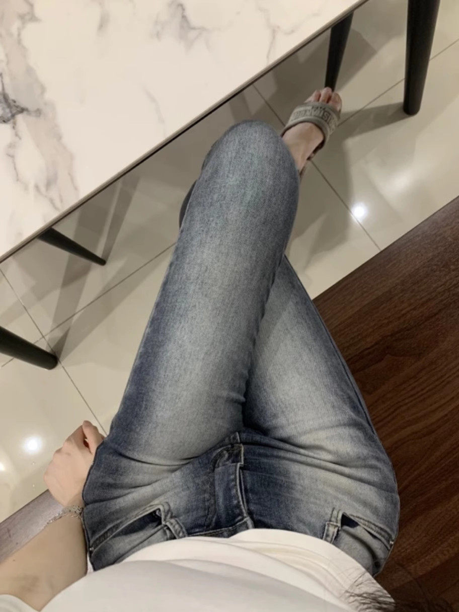 古早韩女复古做旧磨白紧身铅笔九分牛仔裤修身显瘦弹力小脚长裤