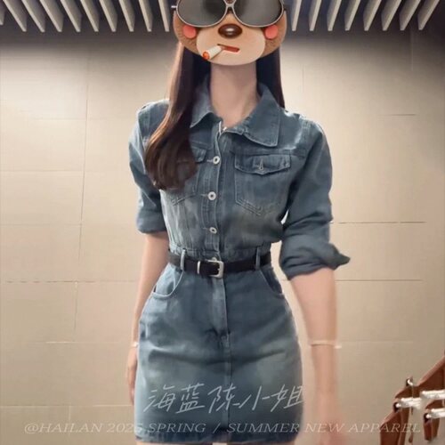 韩系复古水洗牛仔连衣裙女2025春季新款设计感小个子气质显瘦裙子