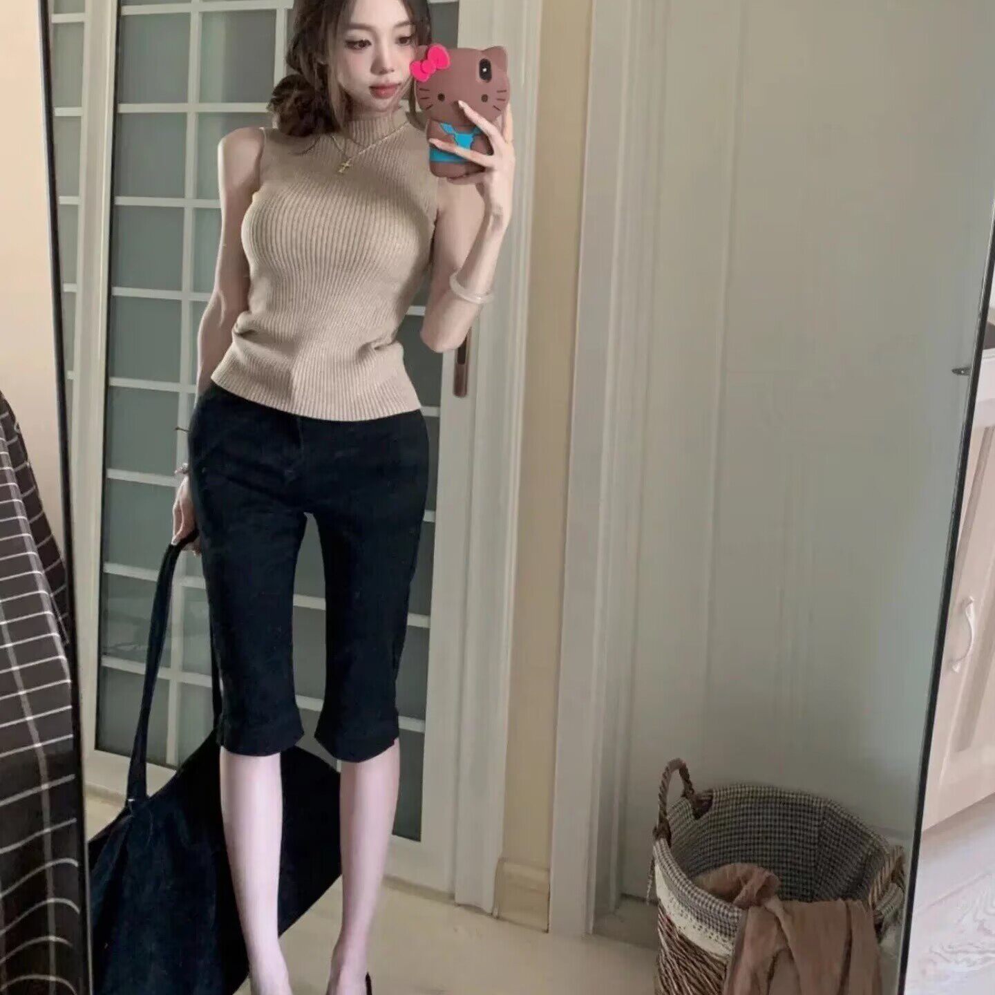 古早韩女自带跨垫高腰七分哈伦裤弹力修身显瘦设计感开叉牛仔裤