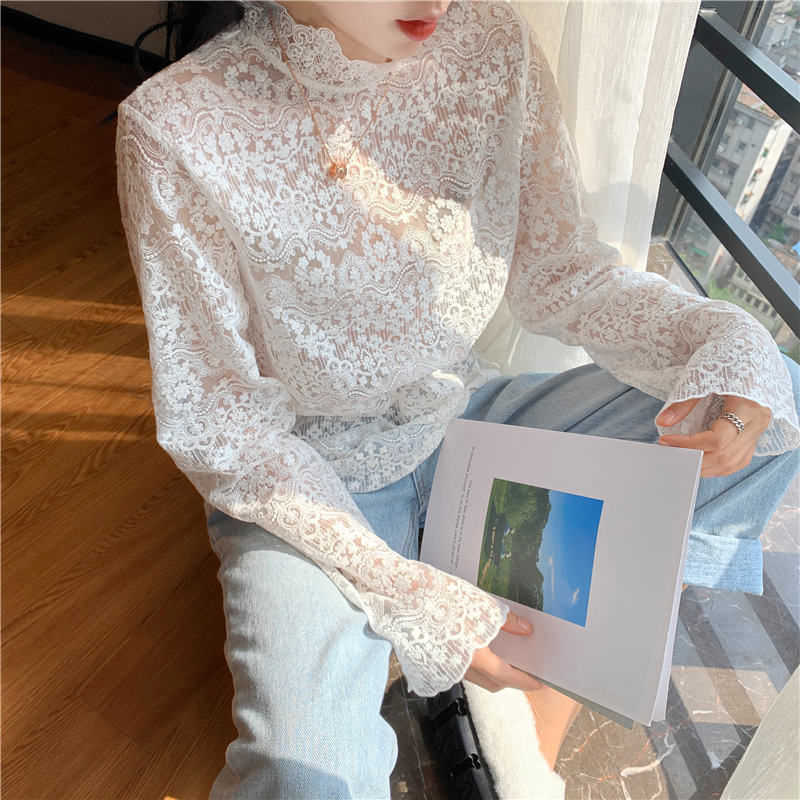 Real photo ~ real price super immortal with elegant lace, hook and flower, hollow bottom, long sleeve blouse, mesh top