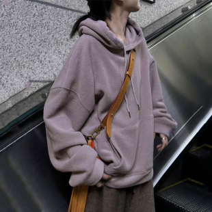 美式 复古高街加绒加厚连帽卫衣女春秋oversize外套宽松慵懒风上衣