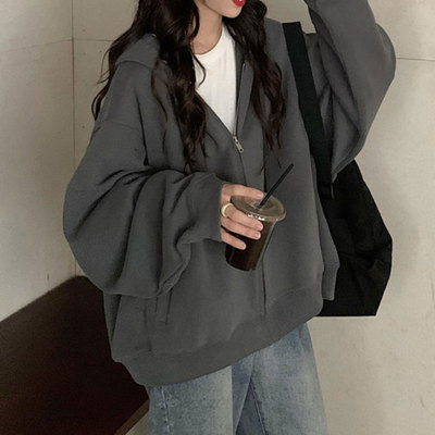 加绒加厚连帽卫衣女慵懒开衫外套