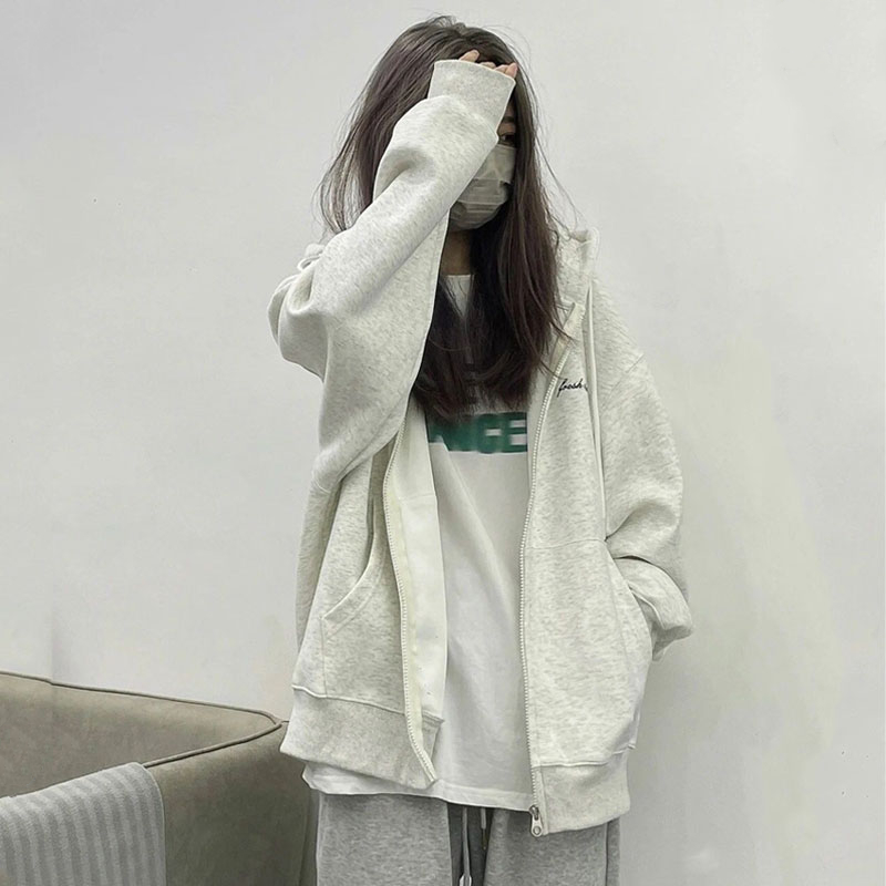 美式复古加绒加厚连帽卫衣女开衫