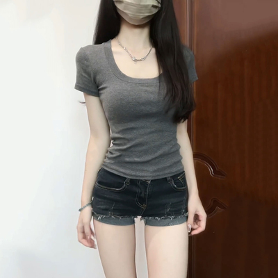 纯棉正肩方领短袖t恤女大U领口