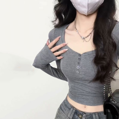 纯棉v领长袖t恤女内搭短款打底衫