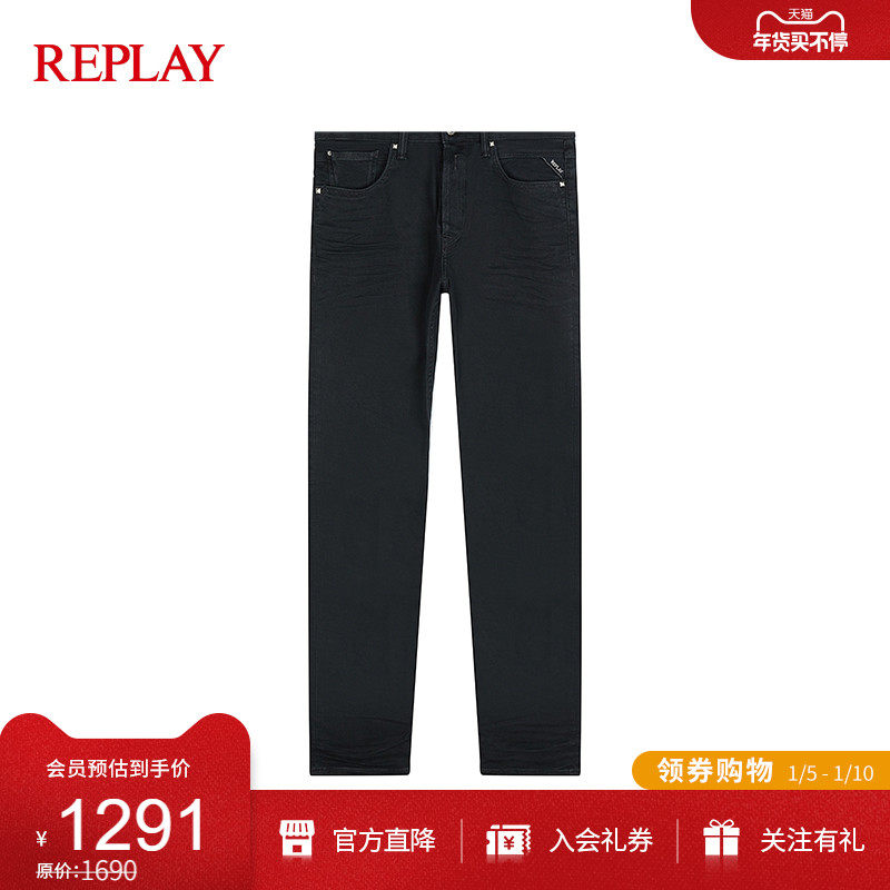 replay牛仔裤男士黑色直筒修身版型铆钉装饰时尚官方正