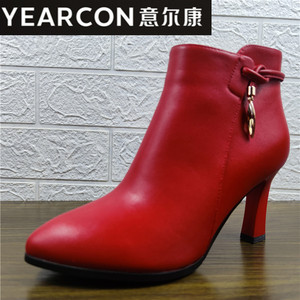 品牌尖头高跟短靴女韩版真皮时装靴秋冬红色百搭高跟鞋加绒踝靴女
