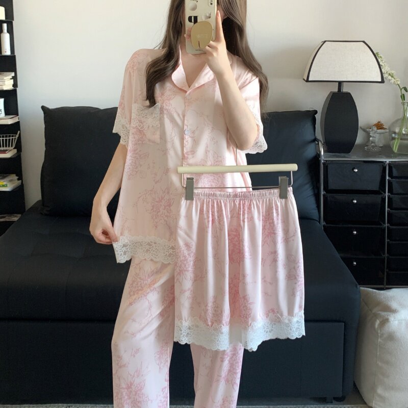 睡衣女夏季短袖冰丝薄款三件套装睡衣/家居服套装