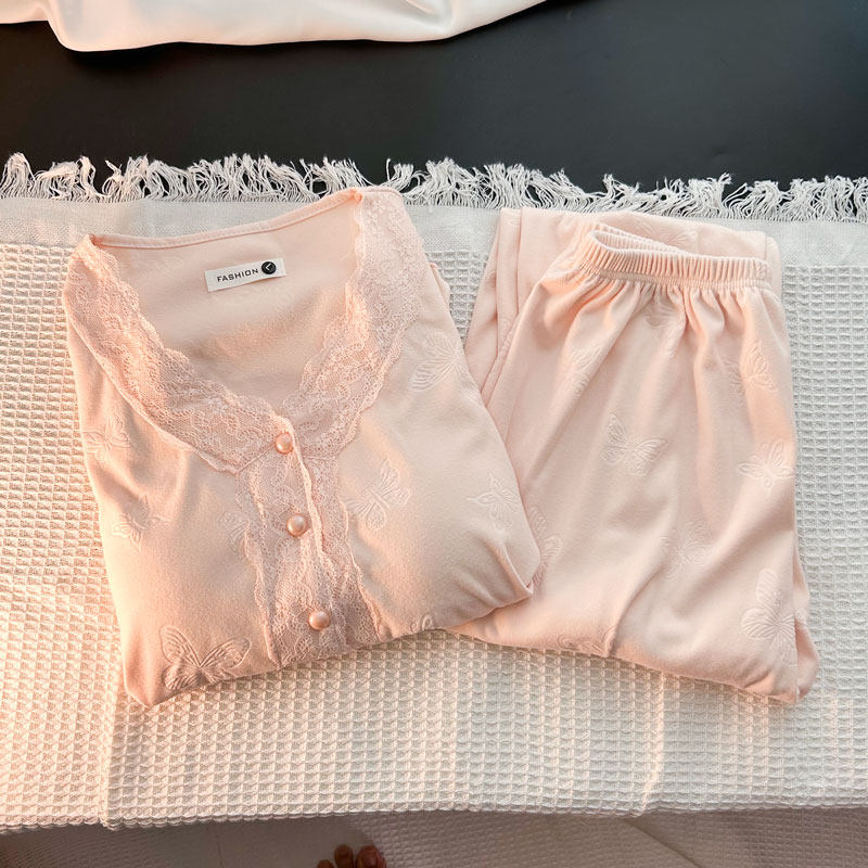 德绒带胸垫睡衣女秋冬季长袖套装高级感蕾丝可外穿保暖家居服套装