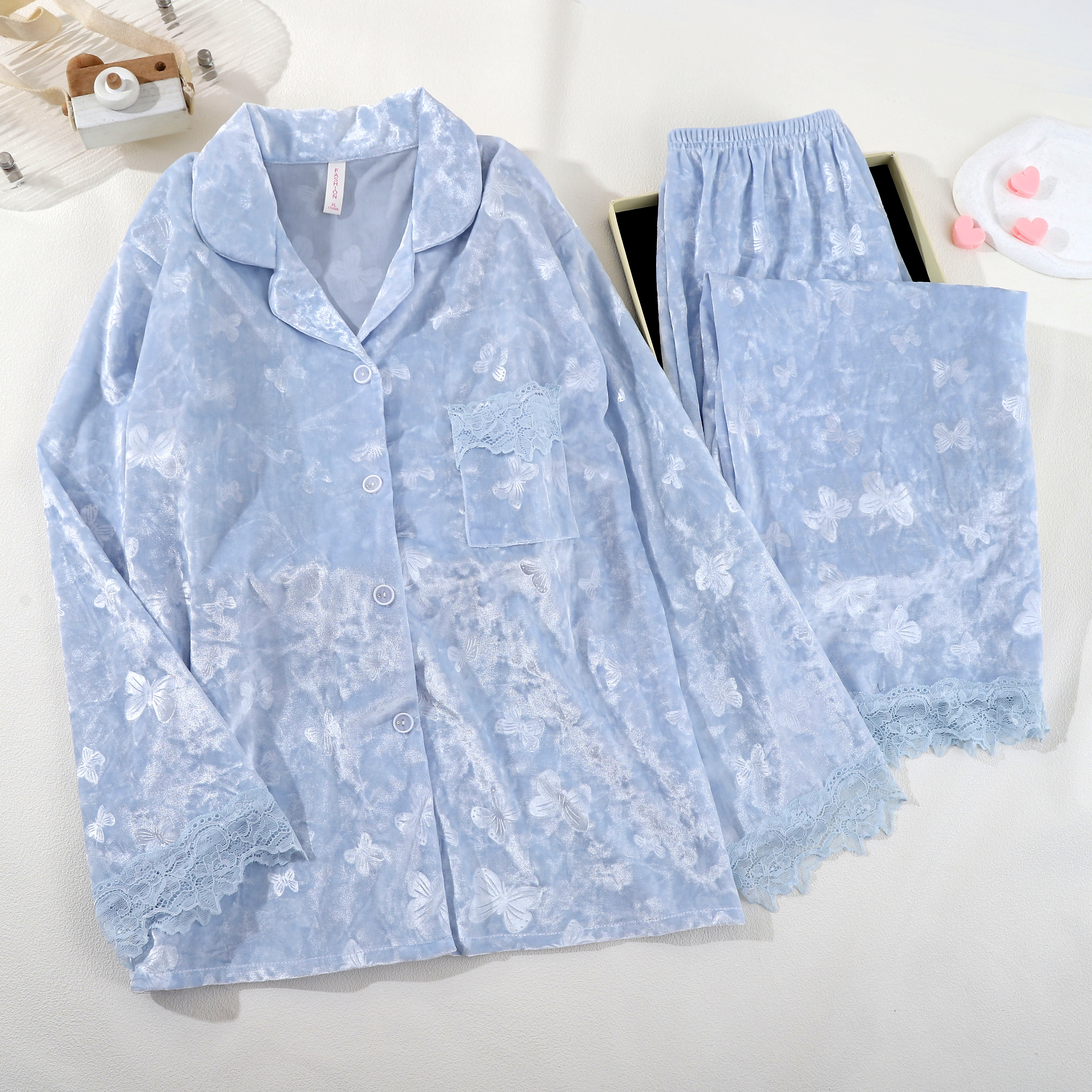 2025新款睡衣女春秋季金丝绒长袖开衫蕾丝金钻绒可外穿家居服套装