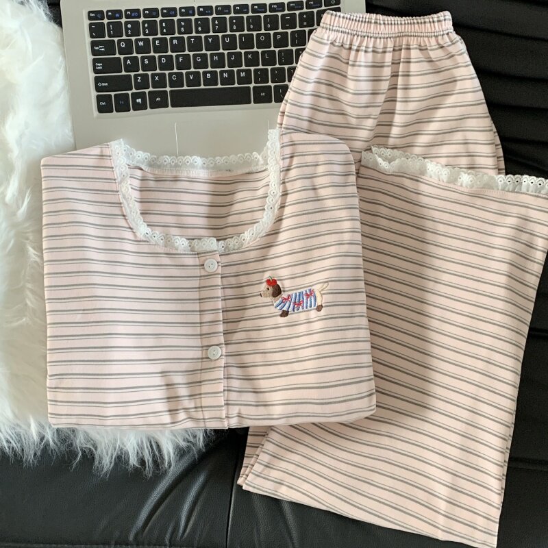 粉条纹蕾丝睡衣女秋冬季羊绒长袖可爱腊肠狗开衫可外穿家居服套装