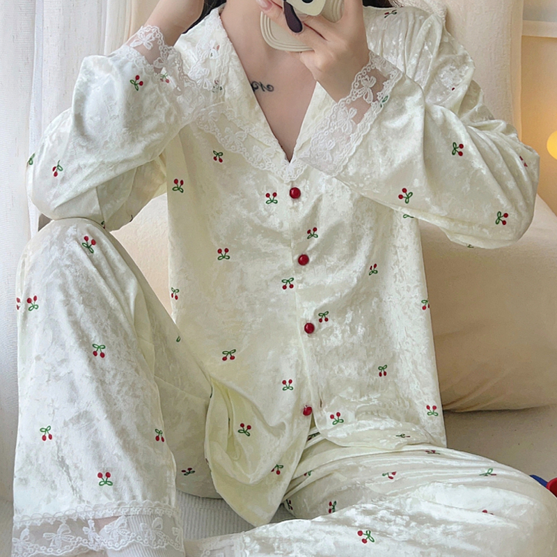 2025新款睡衣女春秋季金丝绒长袖开衫蕾丝可爱樱桃秋冬家居服套装