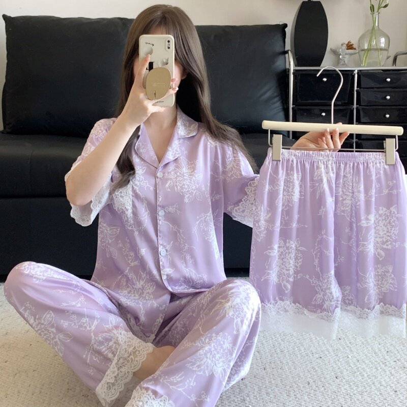 睡衣女夏季短袖冰丝薄款三件套装睡衣/家居服套装