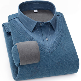 保暖衬衣假两件毛衣男秋冬季加绒衬衫领针织衫加厚卫衣T恤男上衣