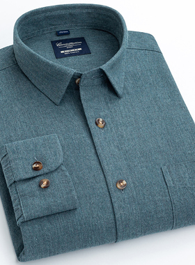 春秋季纯棉衬衣男长袖商务休闲法兰绒磨毛衬衫中老年绿色打底衬衣