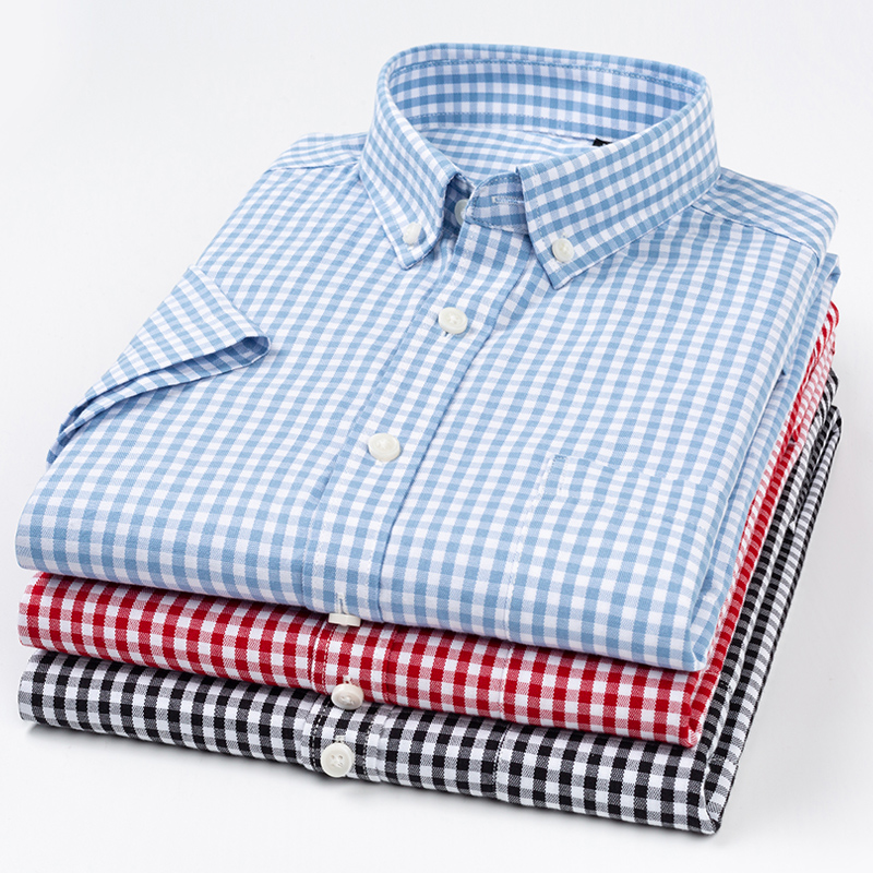 夏款纯棉蓝白潮流半截袖格子衬衫