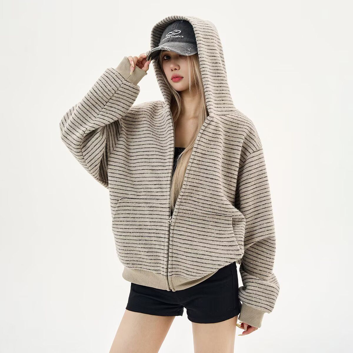 2025兔毛绒卫衣女拉链连帽开衫条纹复合慵懒松弛高级感春秋男外套