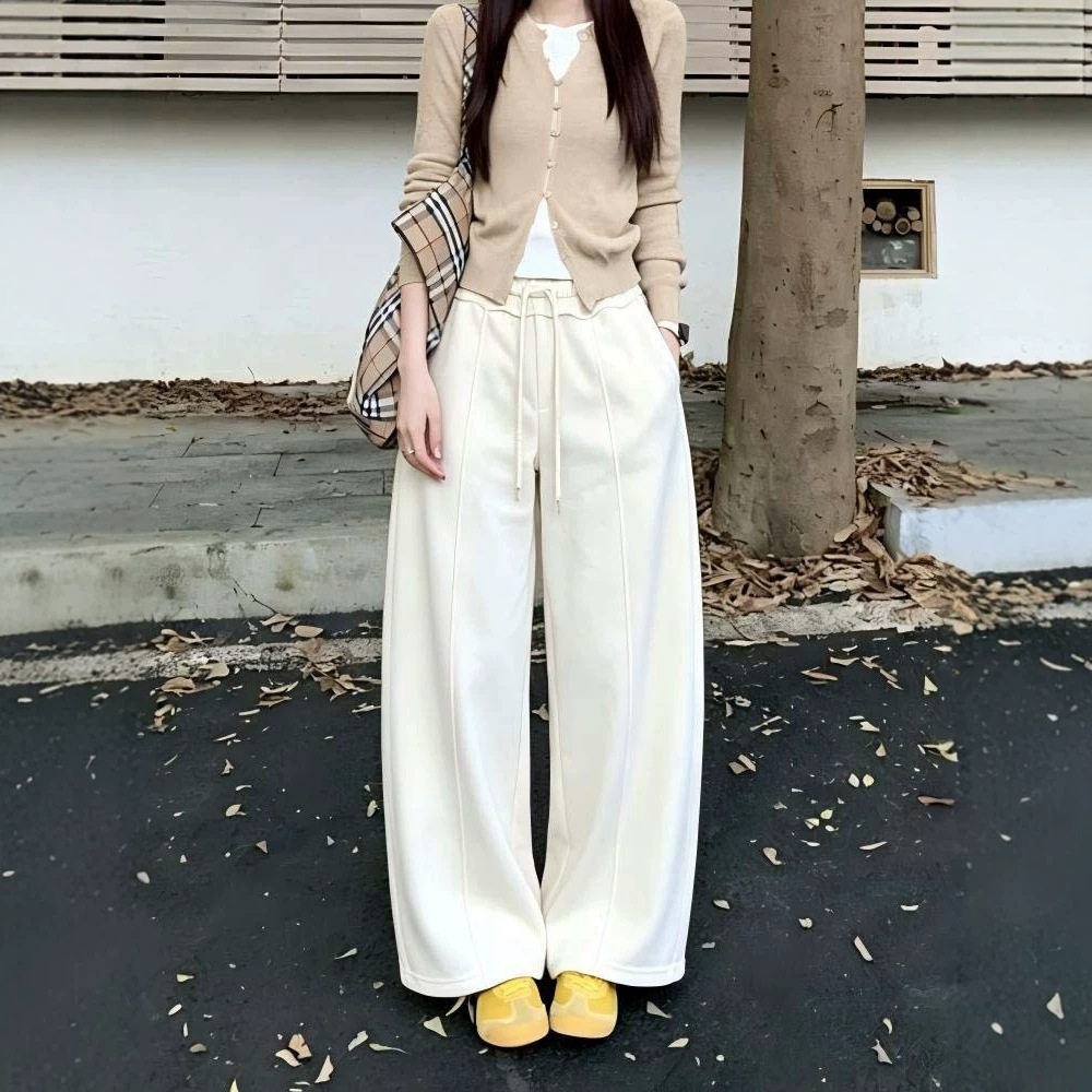 米白色花边阔腿裤女秋季2026新款高腰宽松显瘦直筒休闲裤花苞卫裤