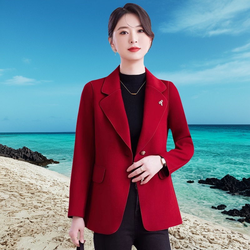 高端双面绒2025冬季新款妈妈中国红喜庆短大衣保暖红色双面绒外套