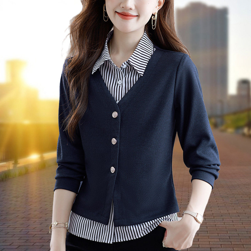 假两件拼接针织开衫女春秋条纹翻领毛衣纽扣外套时尚设计感休闲风