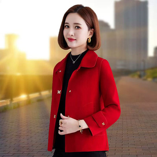 双面羊绒小个子妈妈短款2026新款秋冬红色洋气毛呢外套女显瘦时尚
