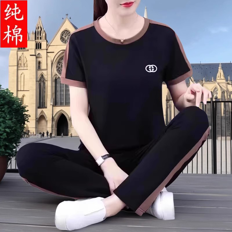 高档纯棉运动服套装女夏季2024新款四十岁中年妈妈减龄休闲两件套