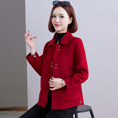 红色娃娃领双面零羊绒大衣女短款秋冬新款双面呢子羊毛呢外套百搭