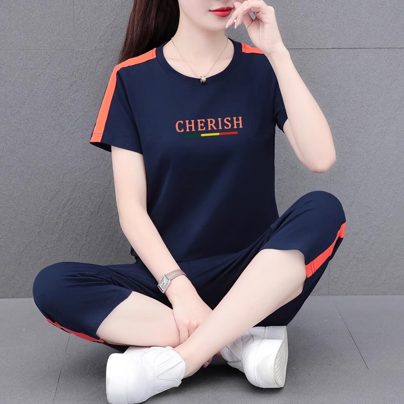 品牌纯棉短袖运动套装女夏季2025年新款时尚洋气妈妈装休闲两件套