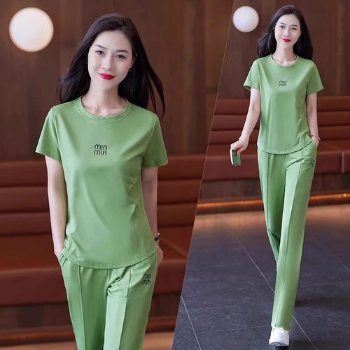 冰丝短袖运动套装女夏季2025新款中年妈妈装时尚休闲服两件套夏装