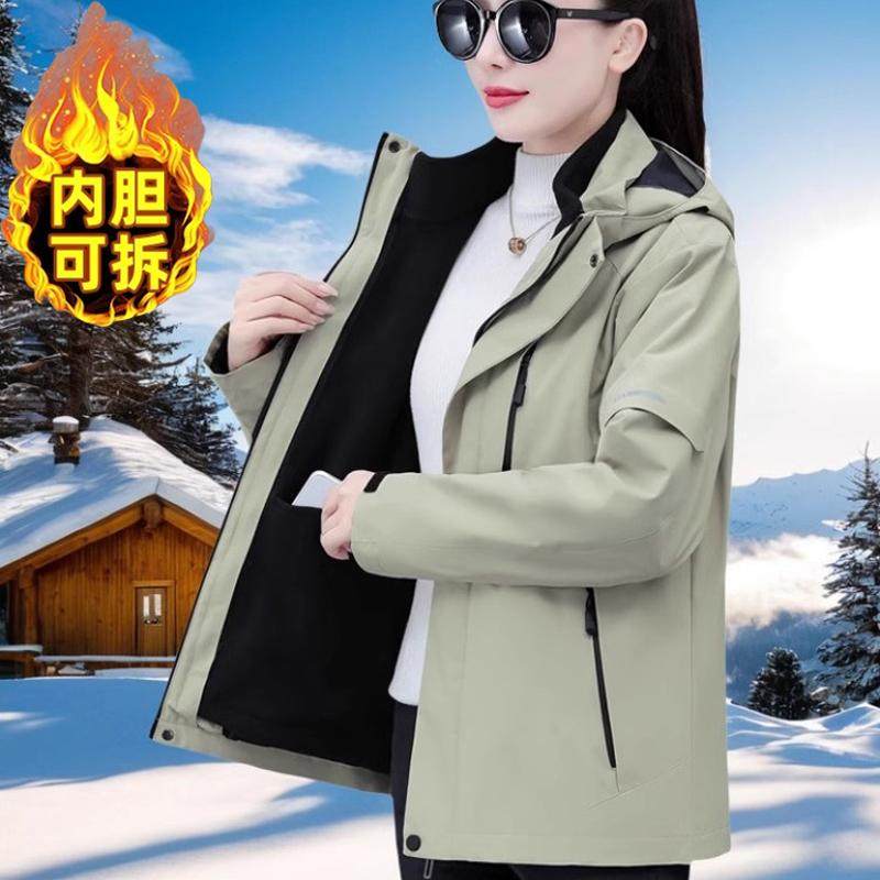 新款女士秋冬正品三合一冲锋衣加绒风衣女中年妈妈加大码旅行外套