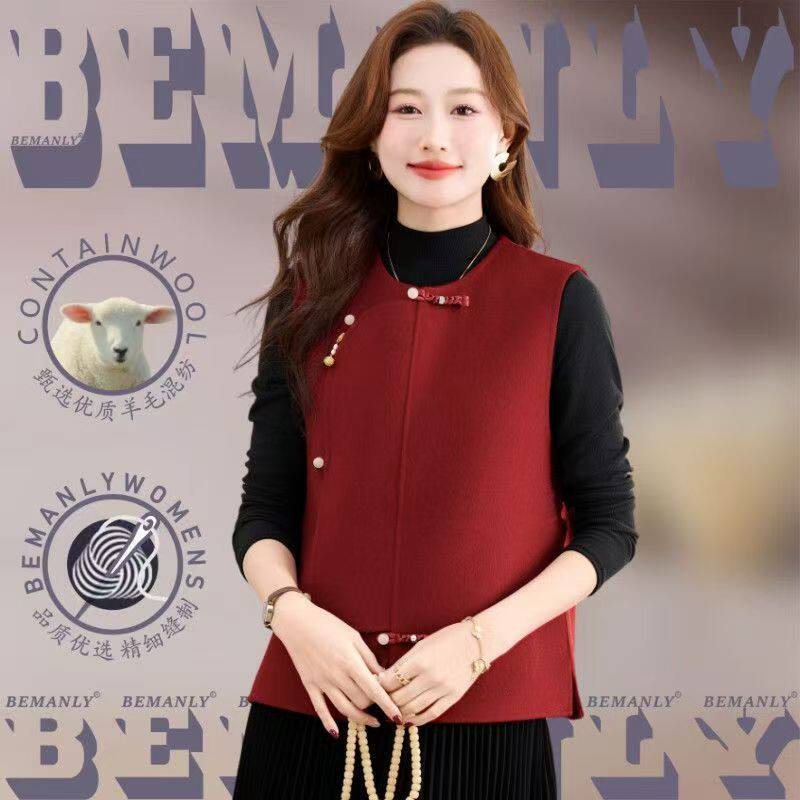 新中式国风盘扣双面羊毛马甲女红色短款背心毛呢外套新年战袍