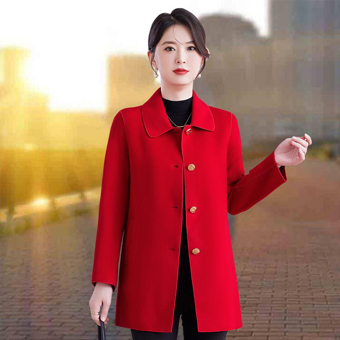 小个子红色双面羊绒大衣女短款2026新款秋冬季单排扣高端毛呢外套