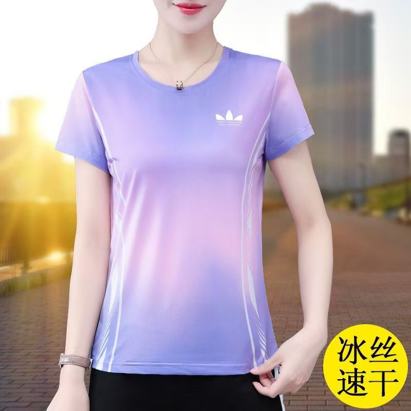运动三叶草夏季冰丝短袖t恤女2025新款户外宽松薄款速干跑步上衣