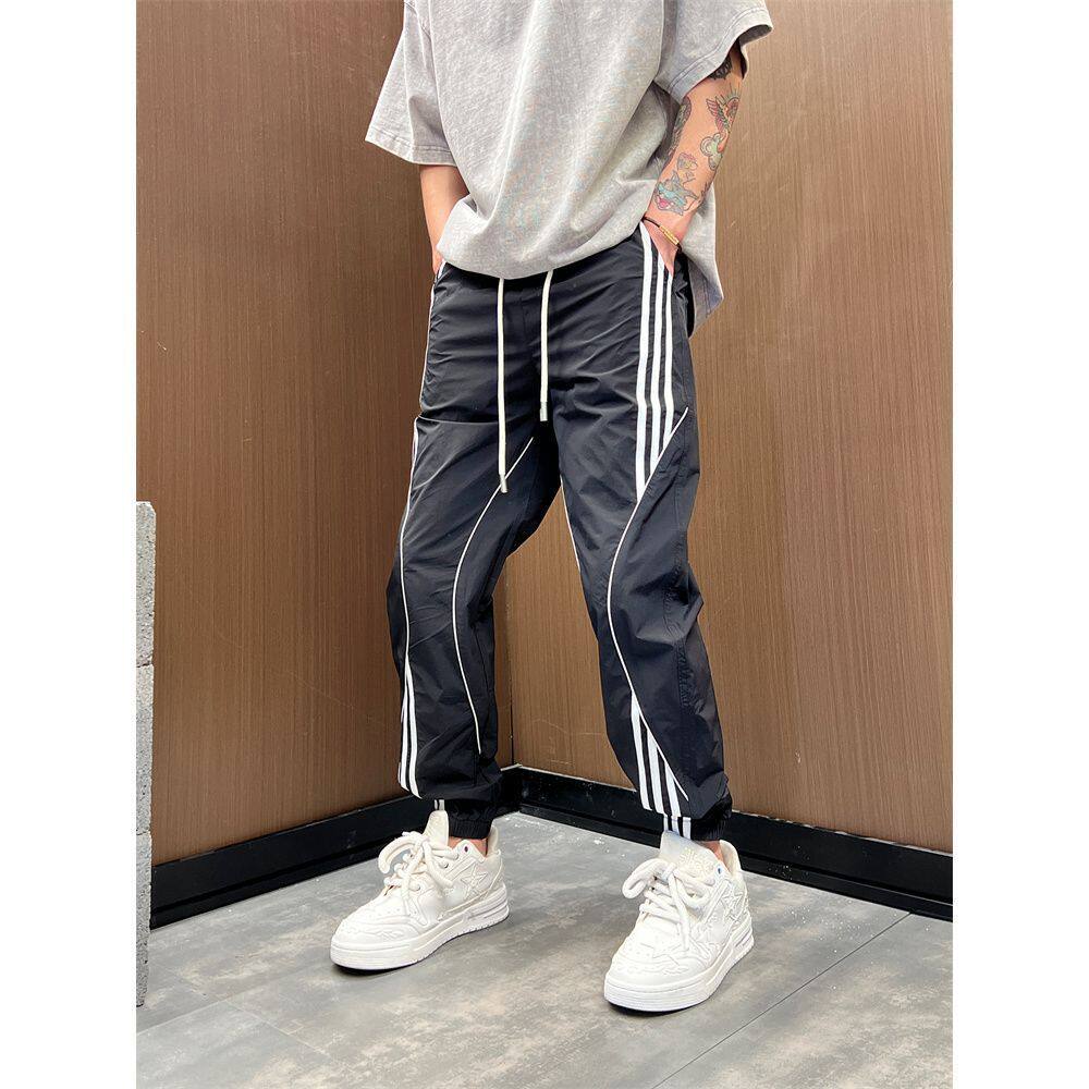 夏季薄款速干冰丝条纹休闲裤男士潮流百搭修身运动卫裤束脚九分裤