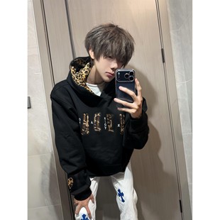 国潮牌黑色豹纹字母刺绣连帽卫衣男款秋冬加绒加厚宽松高级感外套