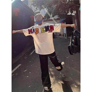 新款 夏季 宽松纯棉白色高端上衣 t恤男款 国潮牌彩色字母毛巾绣短袖