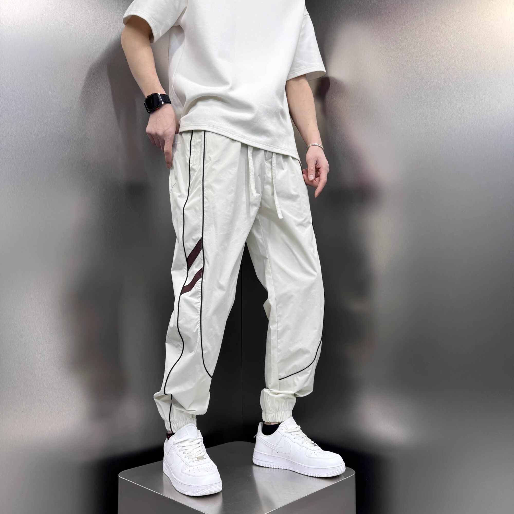 美式夏季薄款冰丝速干运动休闲裤男修身显瘦拼色束脚九分小脚裤子