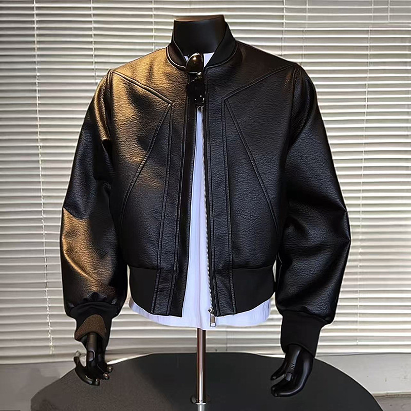 黑色美式解构pu皮衣外套男款秋季cleanfit棒球服短款廓形机车夹克