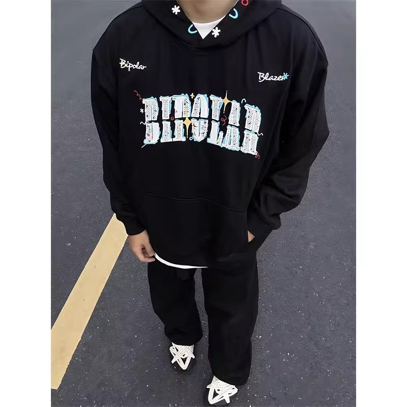 美式复古字母刺绣连帽卫衣男女秋冬季加绒加厚设计感黑色外套上衣