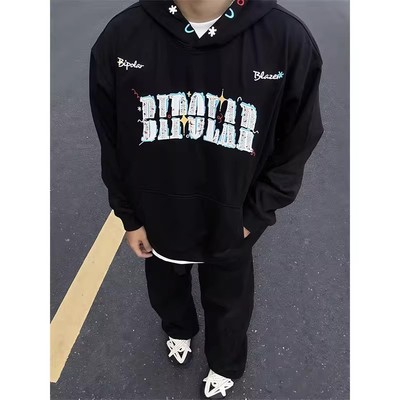 美式复古字母刺绣连帽卫衣男女秋冬季加绒加厚设计感黑色外套上衣